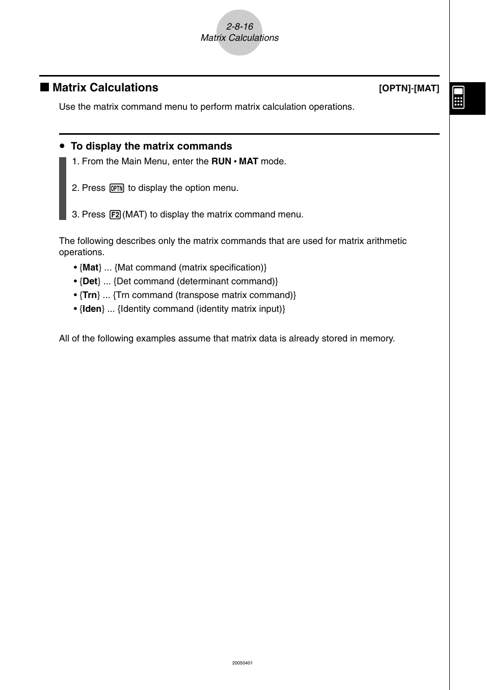 K matrix calculations | Casio fx-9860G SD User Manual | Page 133 / 596