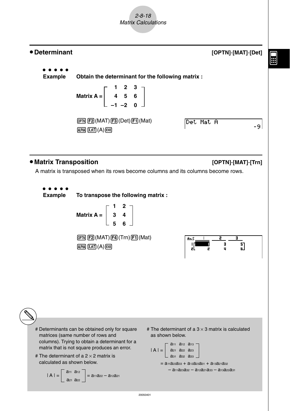 Determinant, Matrix transposition, Optn] - [mat] - [det | Casio fx-9860G SD User Manual | Page 135 / 596