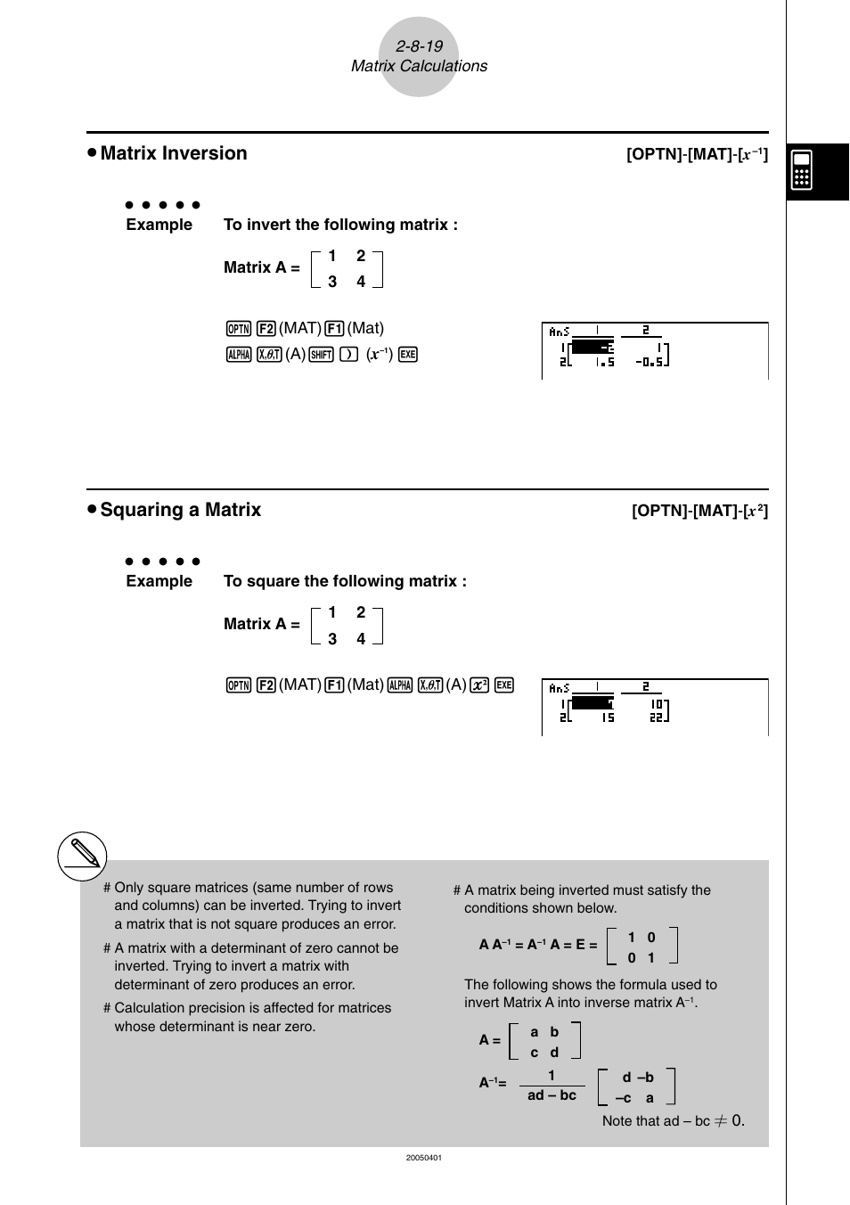 Matrix inversion, Squaring a matrix | Casio fx-9860G SD User Manual | Page 136 / 596