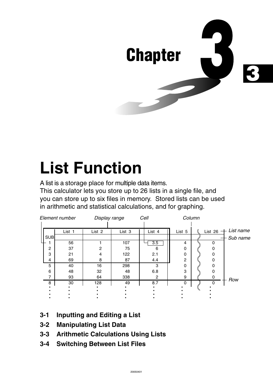 Chapter 3 list function, Chapter 3, List function | Chapter | Casio fx-9860G SD User Manual | Page 140 / 596