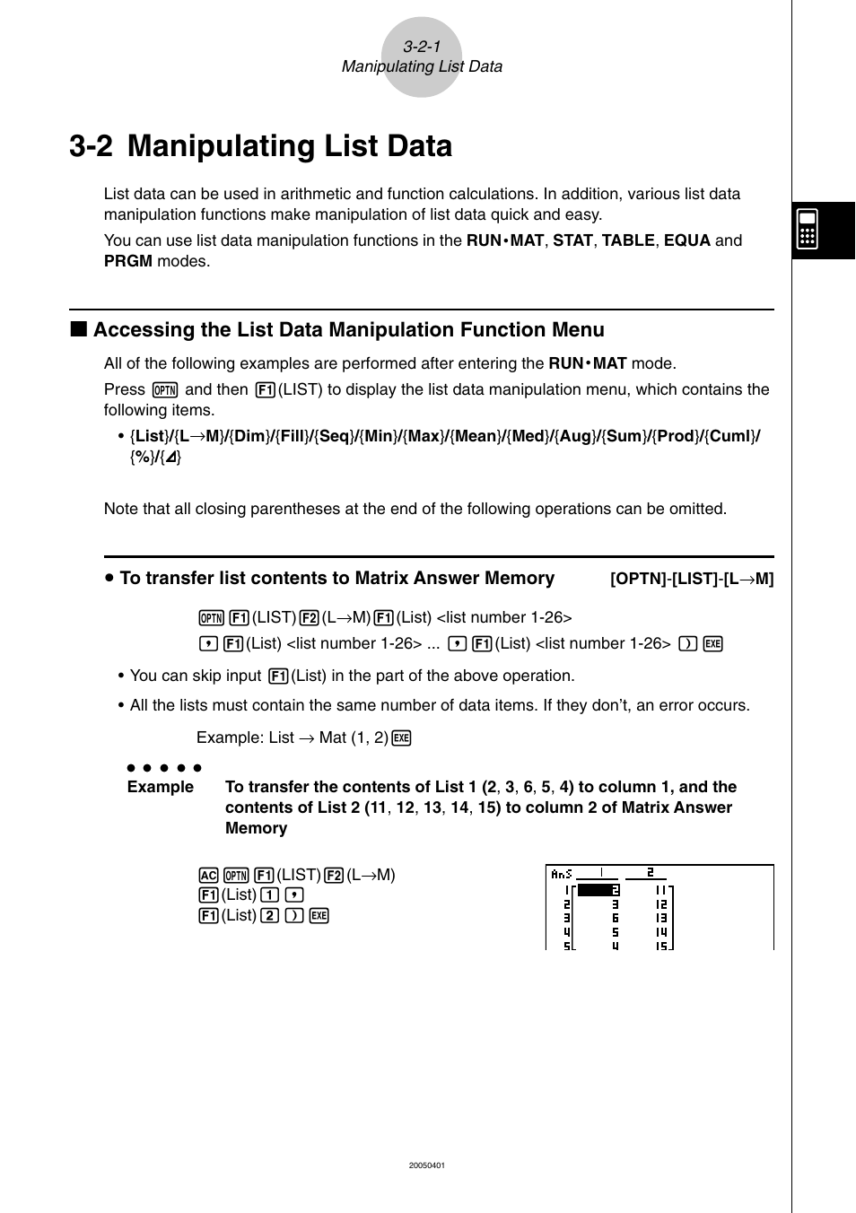 2 manipulating list data, Manipulating list data -2-1, Manipulating list data | Casio fx-9860G SD User Manual | Page 149 / 596