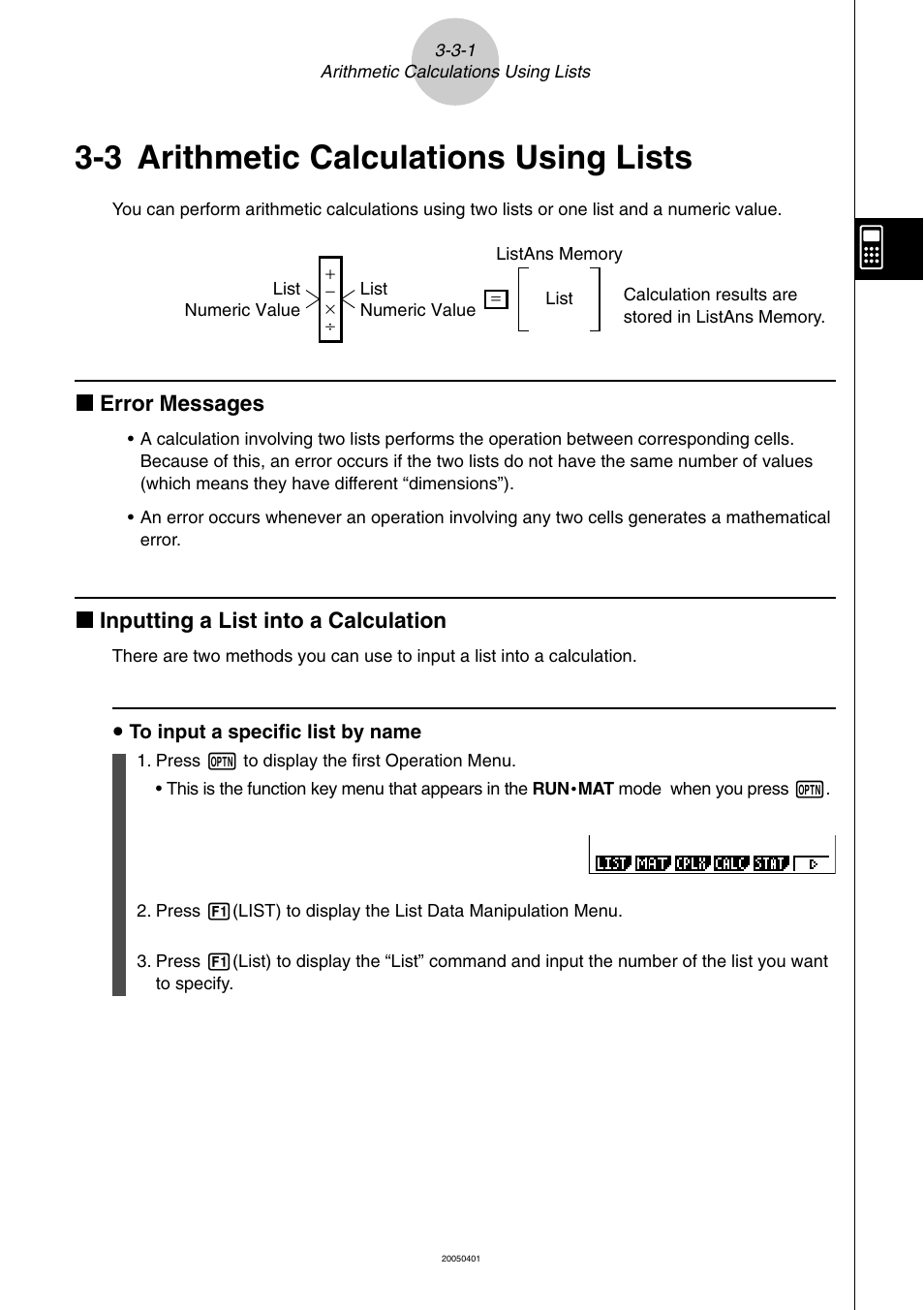 3 arithmetic calculations using lists, Arithmetic calculations using lists -3-1, Arithmetic calculations using lists | K error messages, K inputting a list into a calculation | Casio fx-9860G SD User Manual | Page 157 / 596