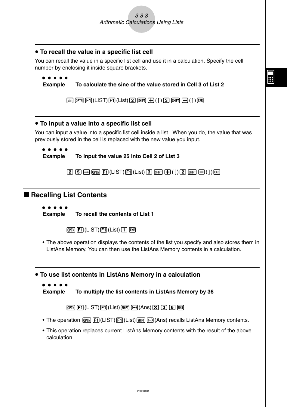 K recalling list contents, U to recall the value in a specific list cell, U to input a value into a specific list cell | Casio fx-9860G SD User Manual | Page 159 / 596