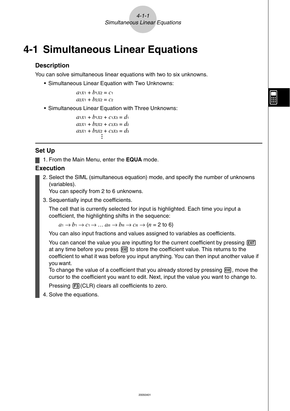 1 simultaneous linear equations, Simultaneous linear equations -1-1, Simultaneous linear equations | Casio fx-9860G SD User Manual | Page 164 / 596