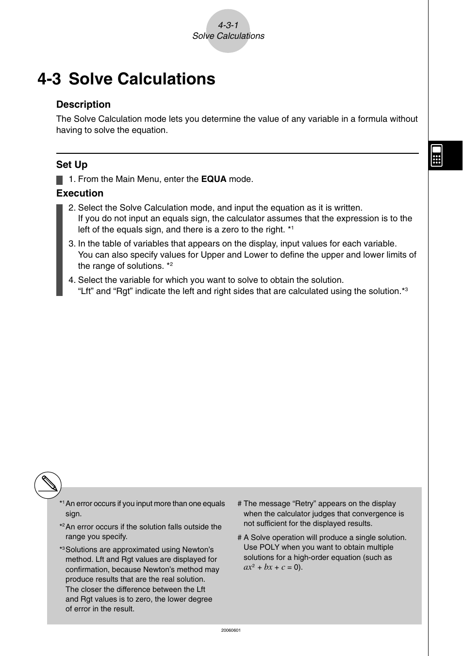 3 solve calculations, Solve calculations -3-1, Solve calculations | Description, Set up, Execution | Casio fx-9860G SD User Manual | Page 168 / 596