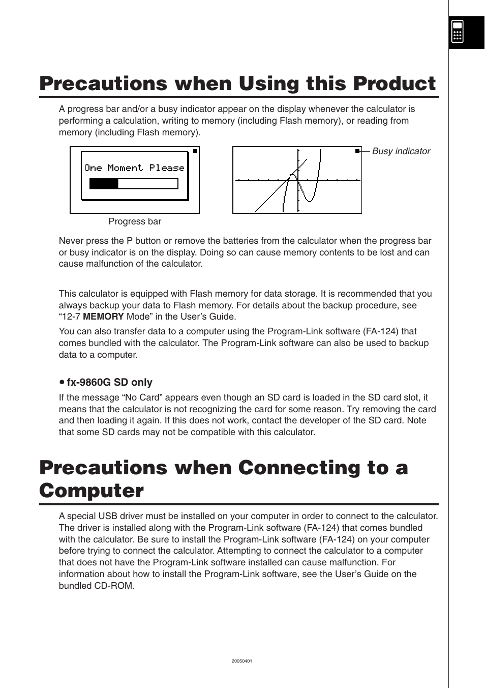 Precautions when using this product, Precautions when connecting to a computer | Casio fx-9860G SD User Manual | Page 17 / 596