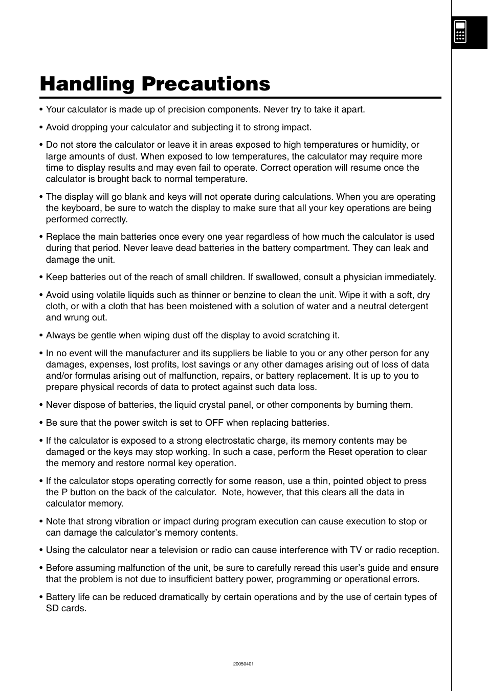 Handling precautions | Casio fx-9860G SD User Manual | Page 18 / 596