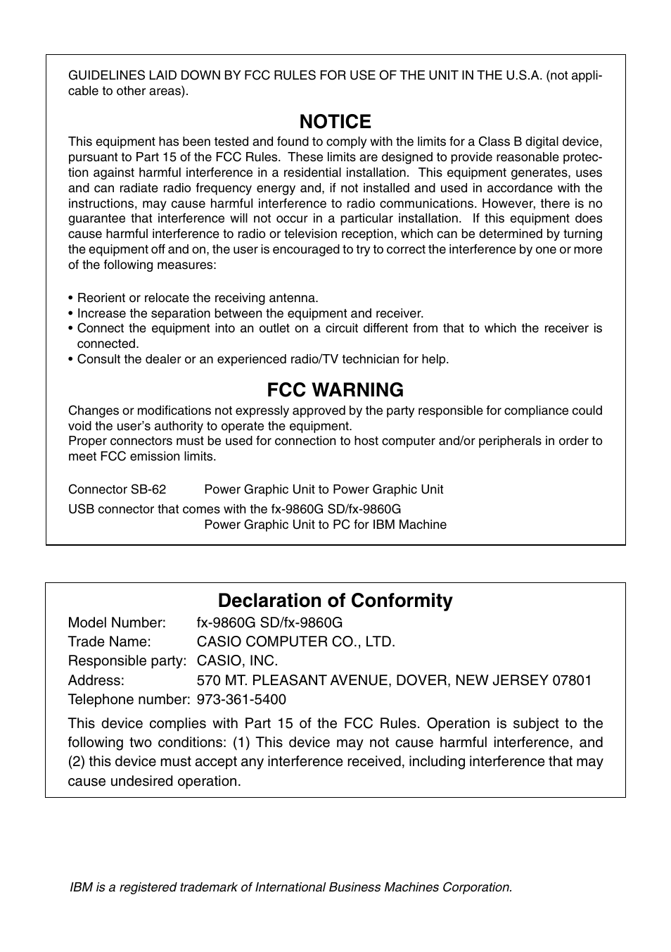 Notice, Fcc warning, Declaration of conformity | Casio fx-9860G SD User Manual | Page 2 / 596