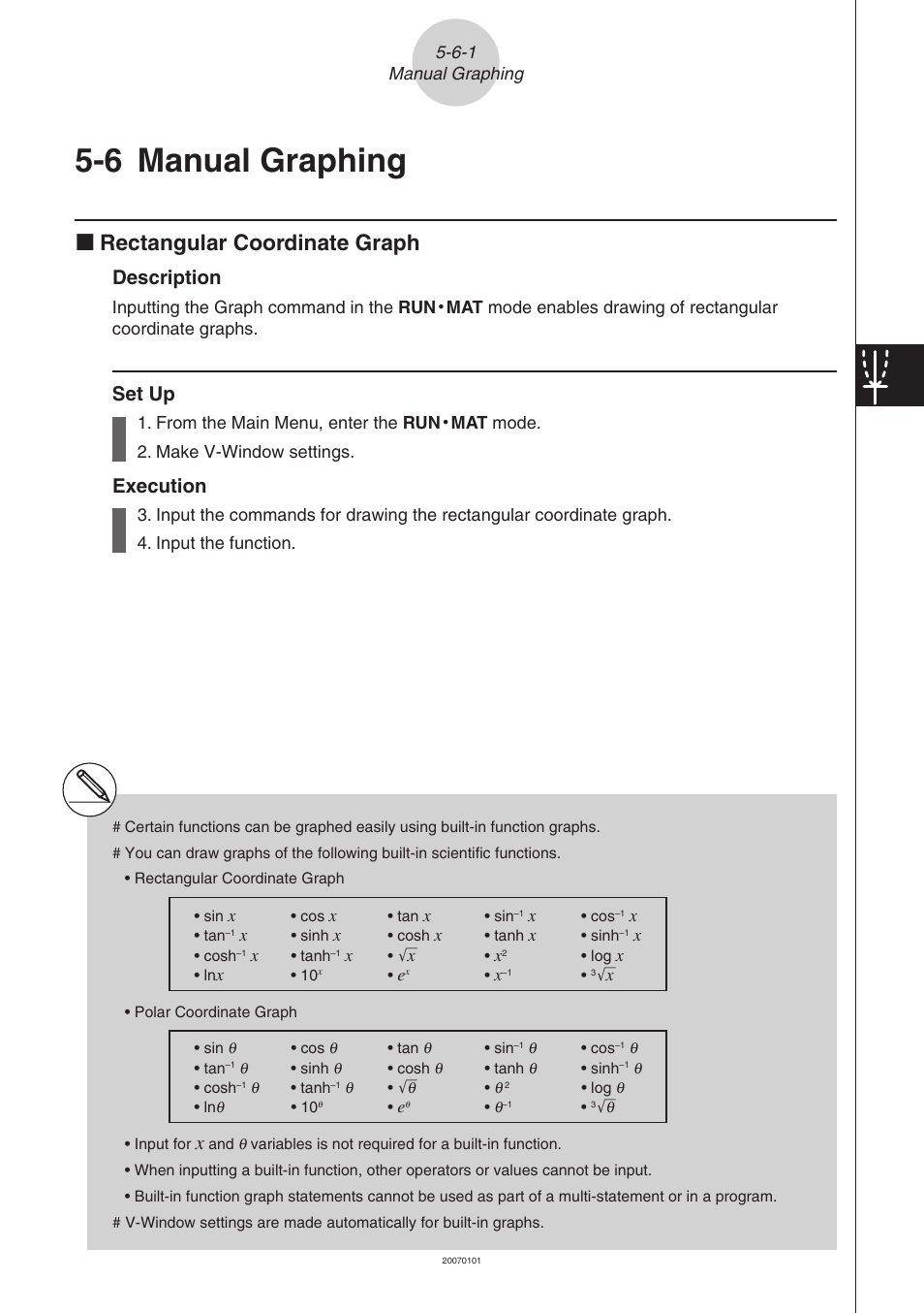 6 manual graphing, Manual graphing -6-1, Manual graphing | Krectangular coordinate graph, Description, Set up, Execution | Casio fx-9860G SD User Manual | Page 206 / 596