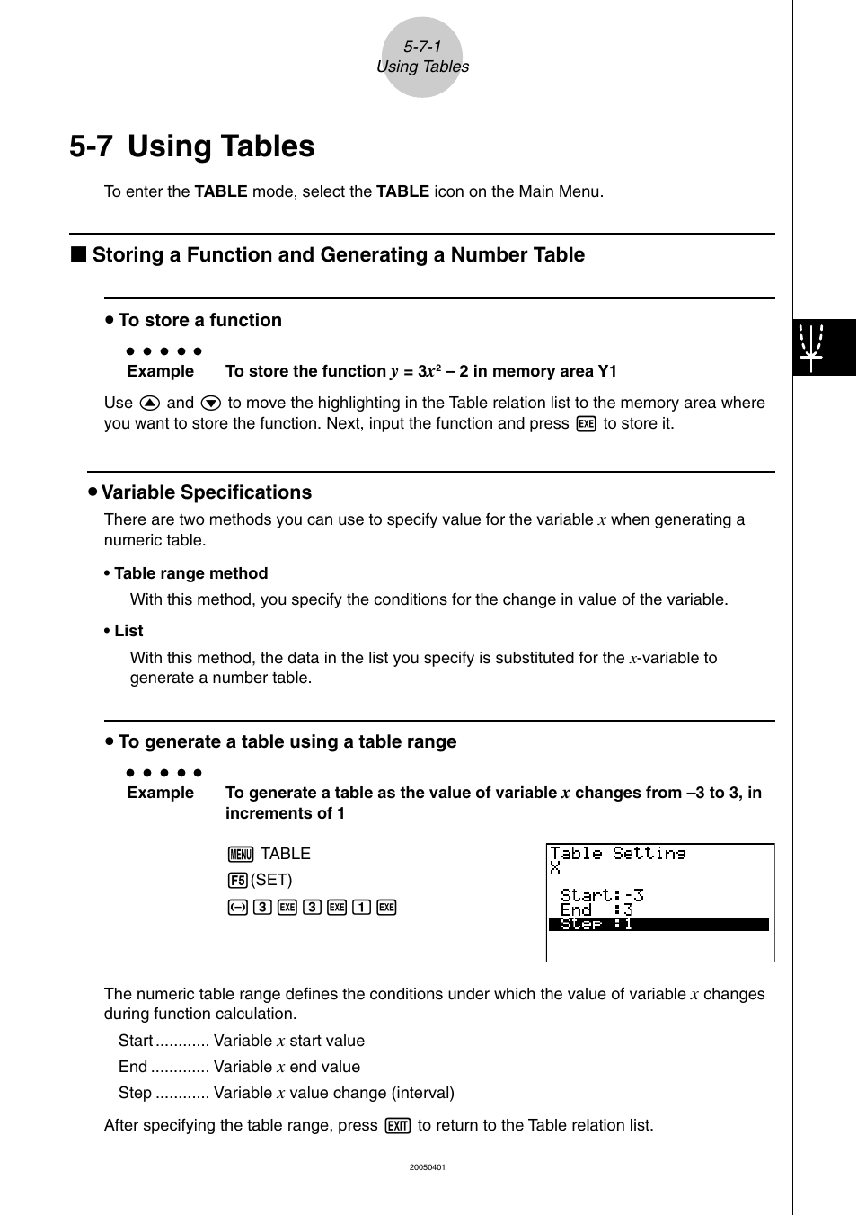 7 using tables, Using tables -7-1, Using tables | K storing a function and generating a number table | Casio fx-9860G SD User Manual | Page 214 / 596