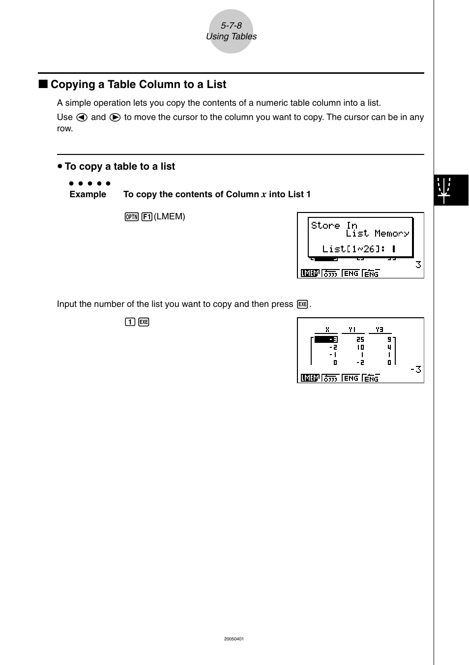 Kk copying a table column to a list | Casio fx-9860G SD User Manual | Page 221 / 596