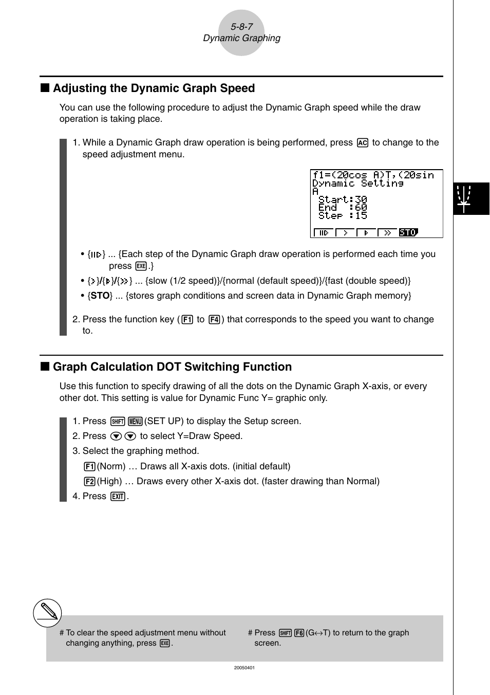 K adjusting the dynamic graph speed, K graph calculation dot switching function | Casio fx-9860G SD User Manual | Page 236 / 596