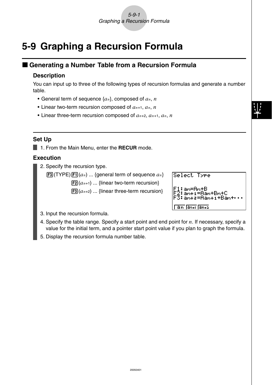 9 graphing a recursion formula, Graphing a recursion formula -9-1, Graphing a recursion formula | Casio fx-9860G SD User Manual | Page 238 / 596