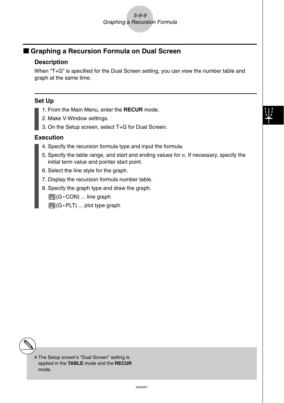 Kk graphing a recursion formula on dual screen | Casio fx-9860G SD User Manual | Page 246 / 596