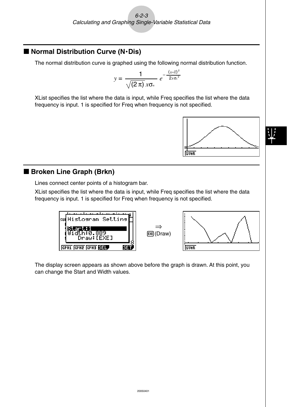 K normal distribution curve (n, Dis), K broken line graph (brkn) | Y = 1 (2 π) x σ | Casio fx-9860G SD User Manual | Page 285 / 596