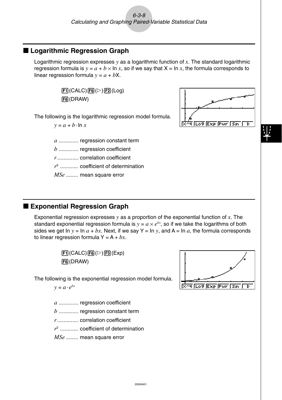 K logarithmic regression graph, K exponential regression graph | Casio fx-9860G SD User Manual | Page 294 / 596