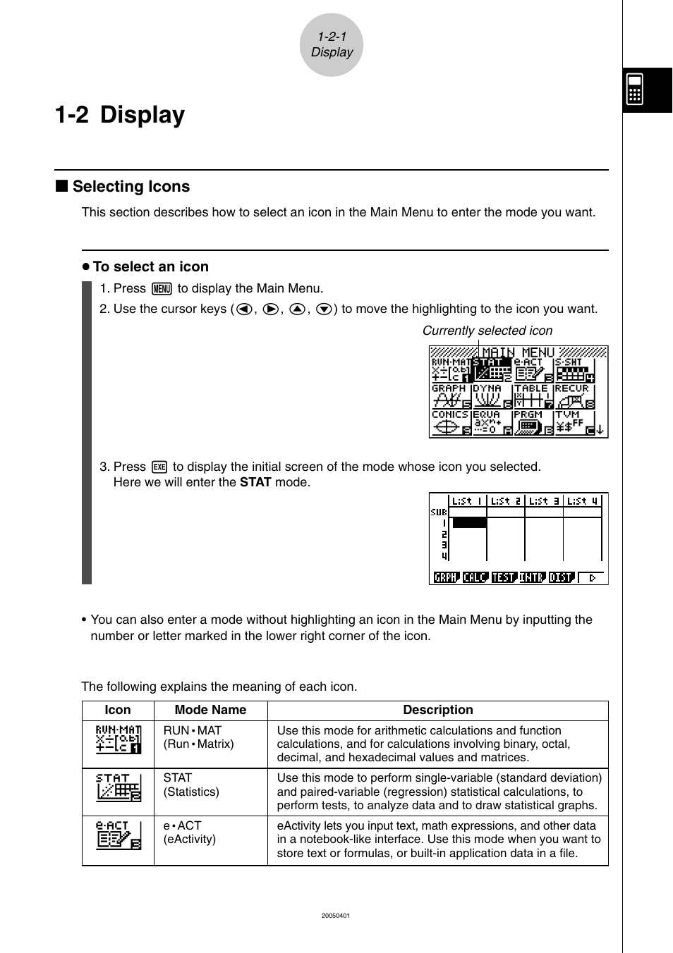 2 display, Display -2-1, Display | K selecting icons | Casio fx-9860G SD User Manual | Page 30 / 596