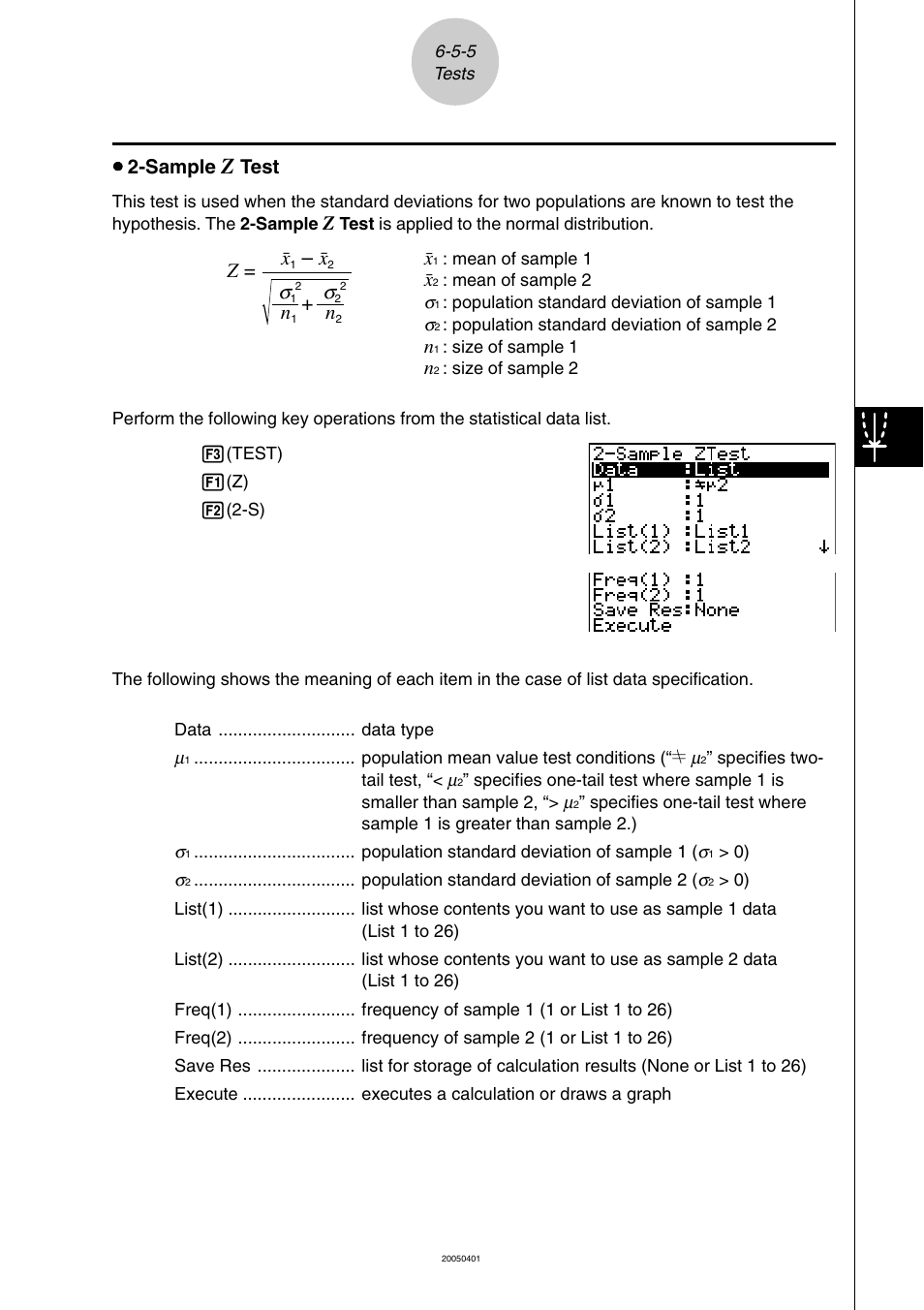 Uu 2-sample, Test, Z= o | Casio fx-9860G SD User Manual | Page 315 / 596