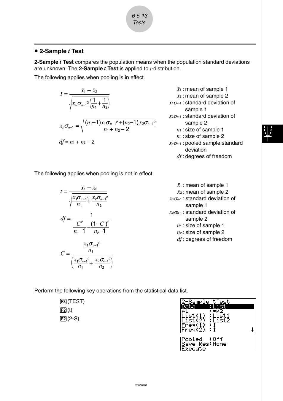 Uu 2-sample t test, 1 + n, 2 ( n | 1) x, T= o, Df = 1 c, 1 + (1– c ), 1 c = x | Casio fx-9860G SD User Manual | Page 323 / 596