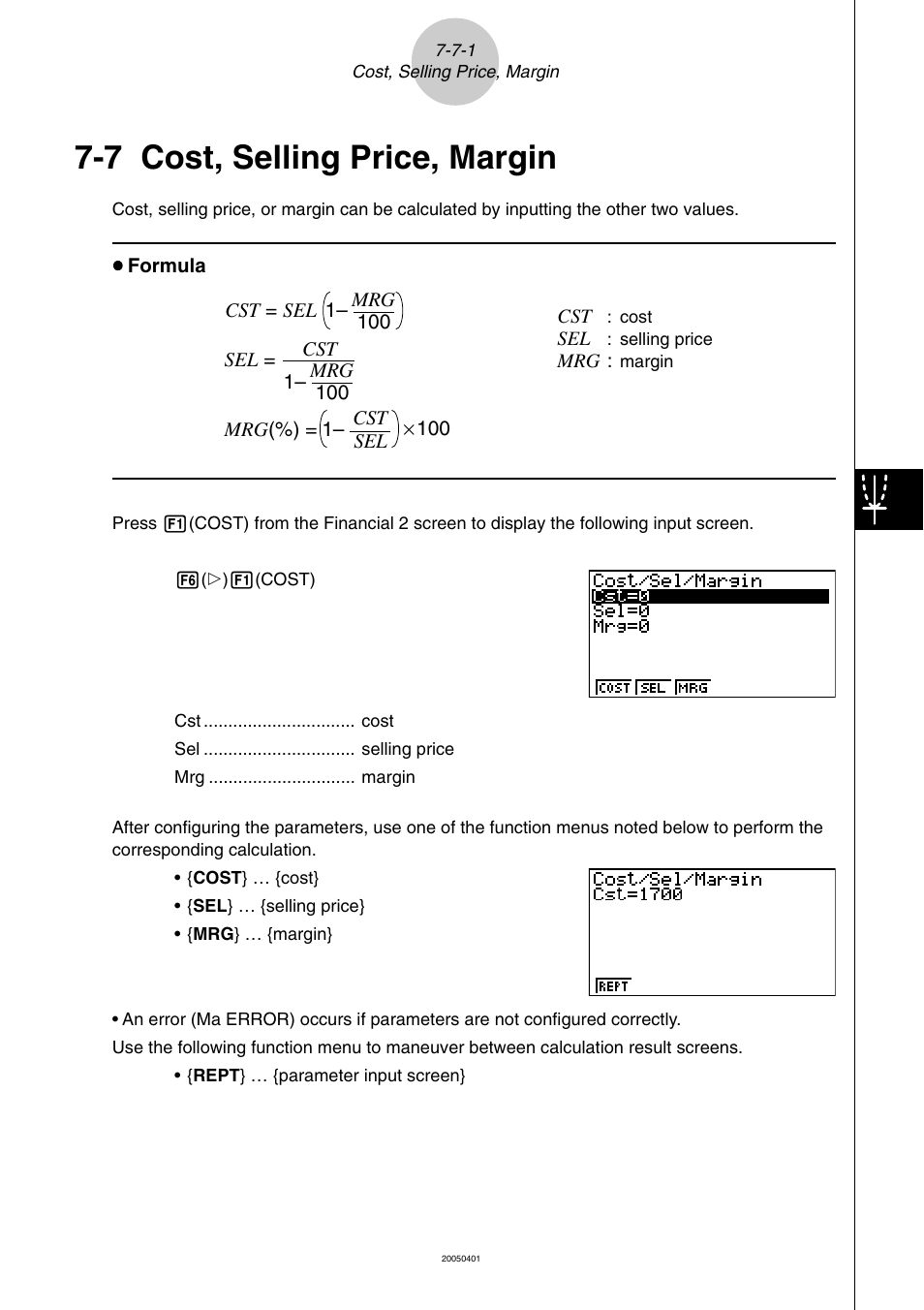 7 cost, selling price, margin, Cost, selling price, margin -7-1 | Casio fx-9860G SD User Manual | Page 385 / 596