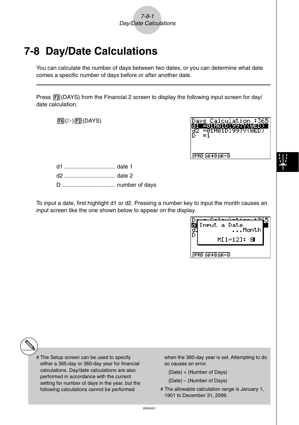 8 day/date calculations, Day/date calculations -8-1 | Casio fx-9860G SD User Manual | Page 386 / 596