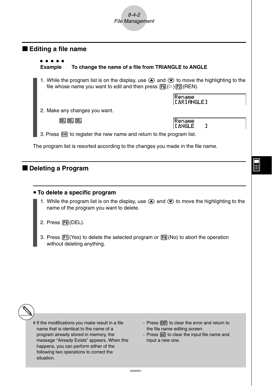 Kk editing a file name, Kk deleting a program | Casio fx-9860G SD User Manual | Page 398 / 596