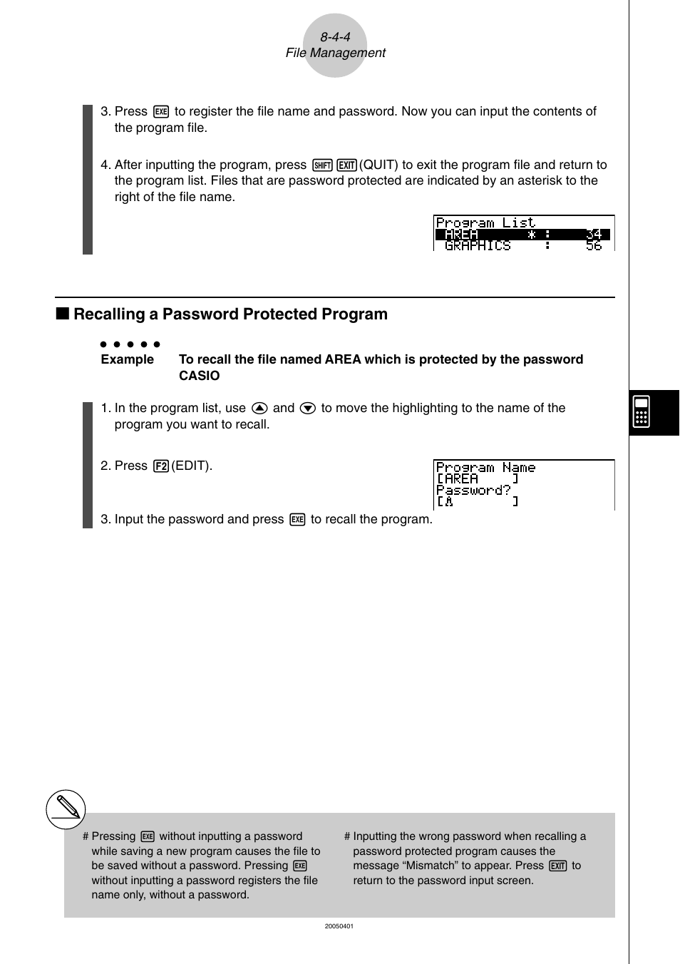 Kk recalling a password protected program | Casio fx-9860G SD User Manual | Page 400 / 596