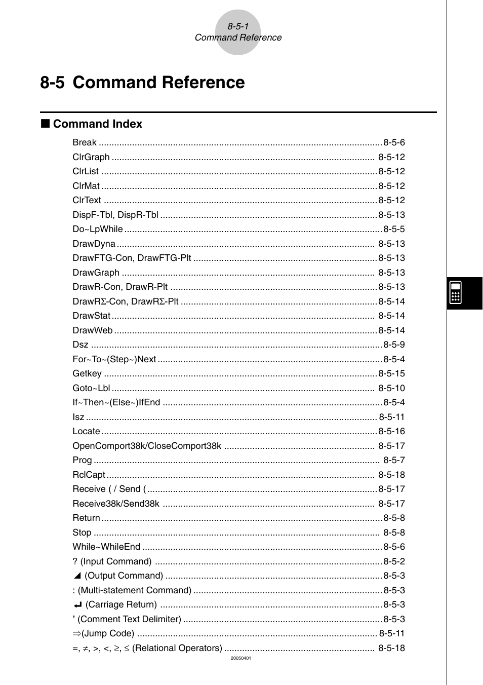 5 command reference, Command reference -5-1, Command reference | K command index | Casio fx-9860G SD User Manual | Page 401 / 596