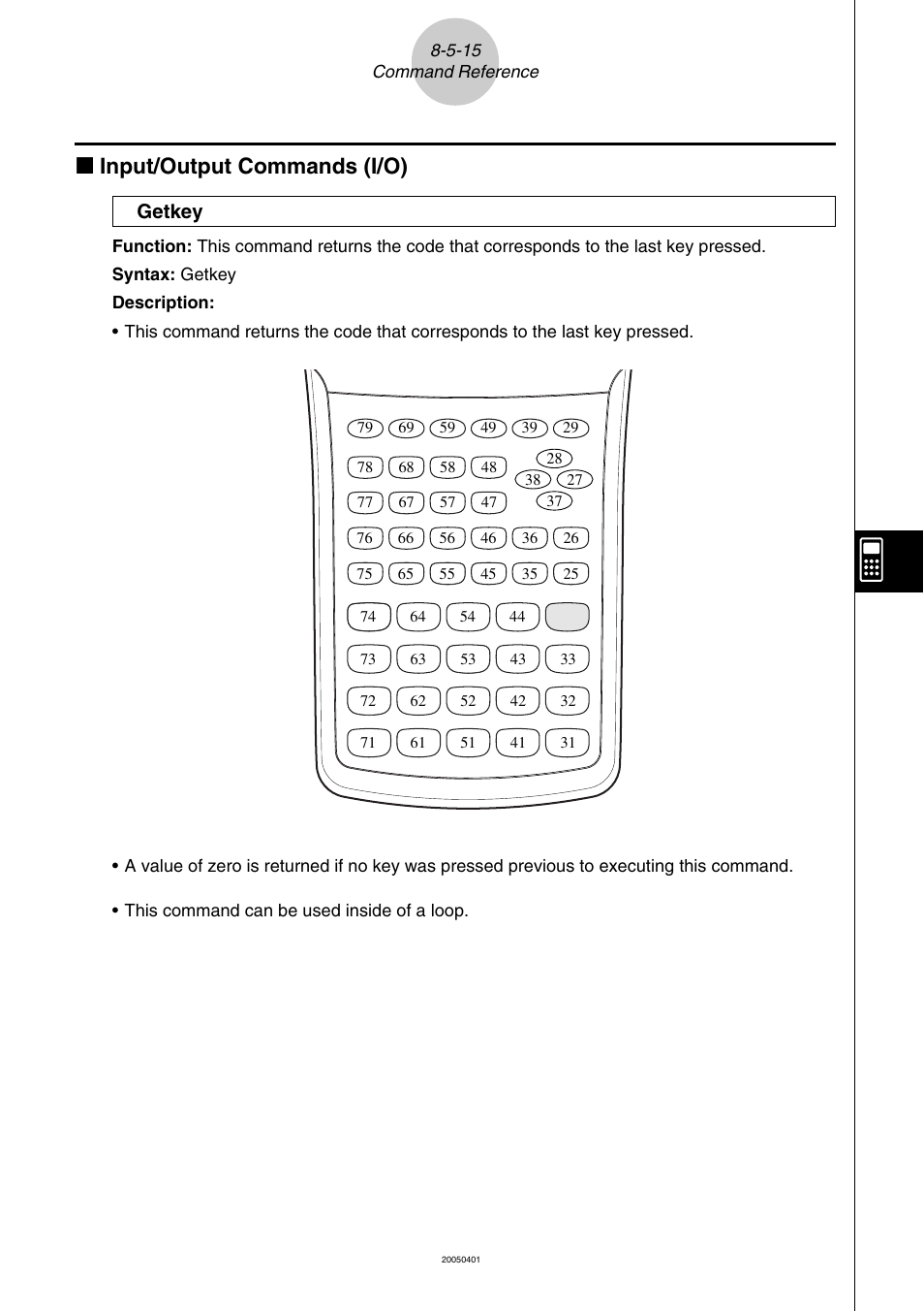 K input/output commands (i/o), Getkey | Casio fx-9860G SD User Manual | Page 415 / 596