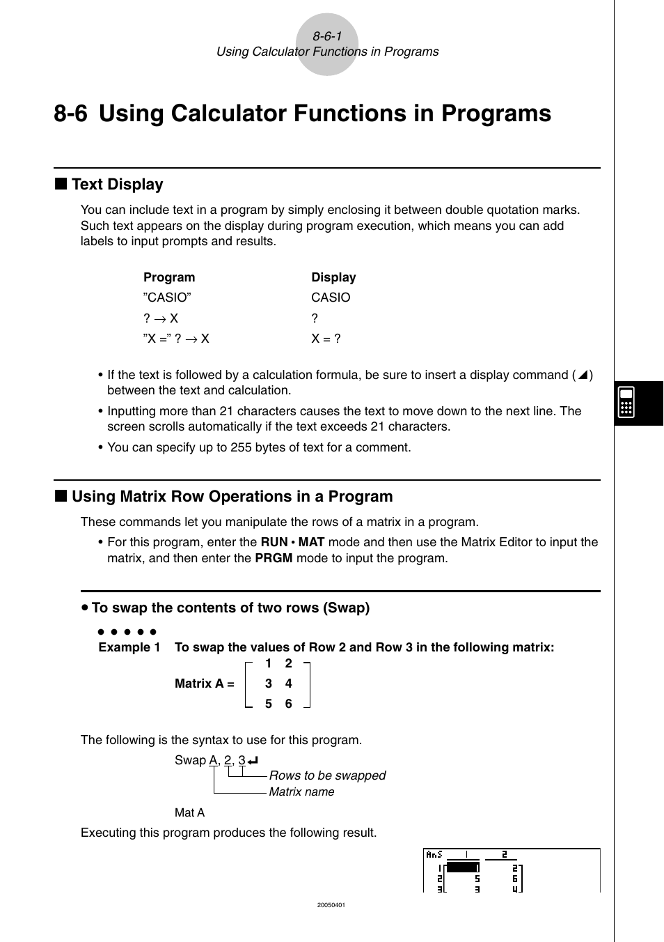 6 using calculator functions in programs, Using calculator functions in programs -6-1, Using calculator functions in programs | K text display, K using matrix row operations in a program | Casio fx-9860G SD User Manual | Page 419 / 596