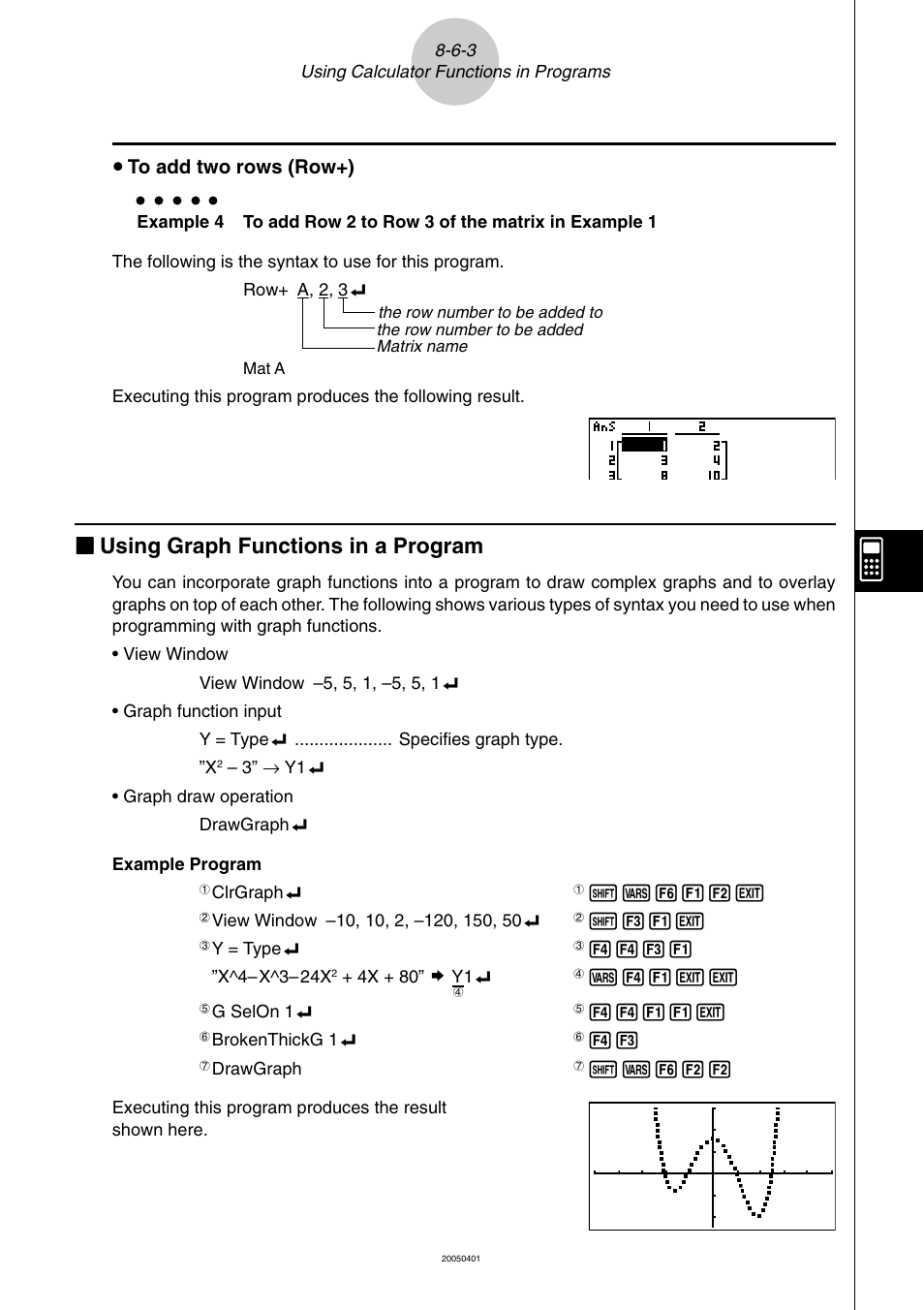 Kk using graph functions in a program, U to add two rows (row+) | Casio fx-9860G SD User Manual | Page 421 / 596