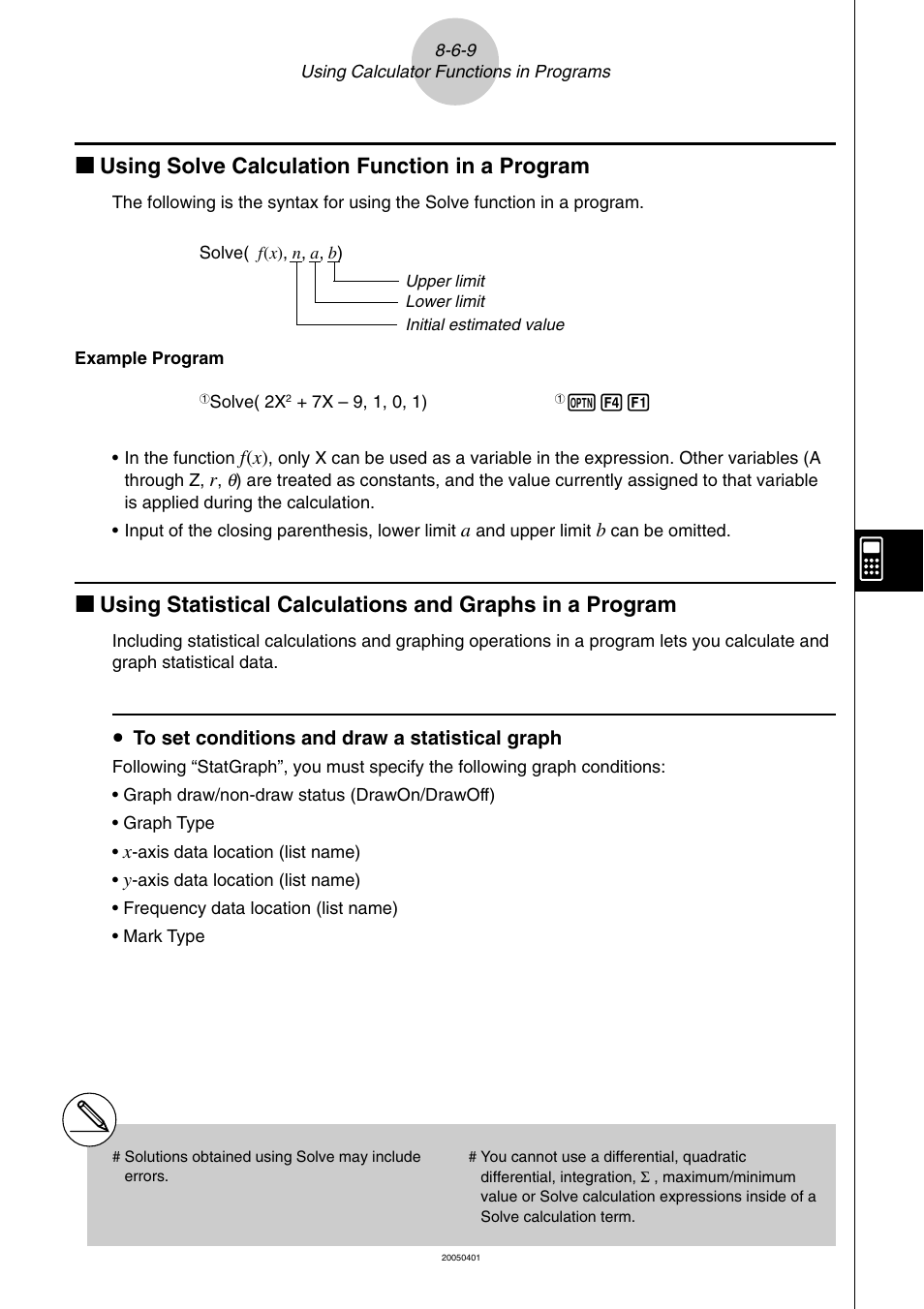Kk using solve calculation function in a program | Casio fx-9860G SD User Manual | Page 427 / 596