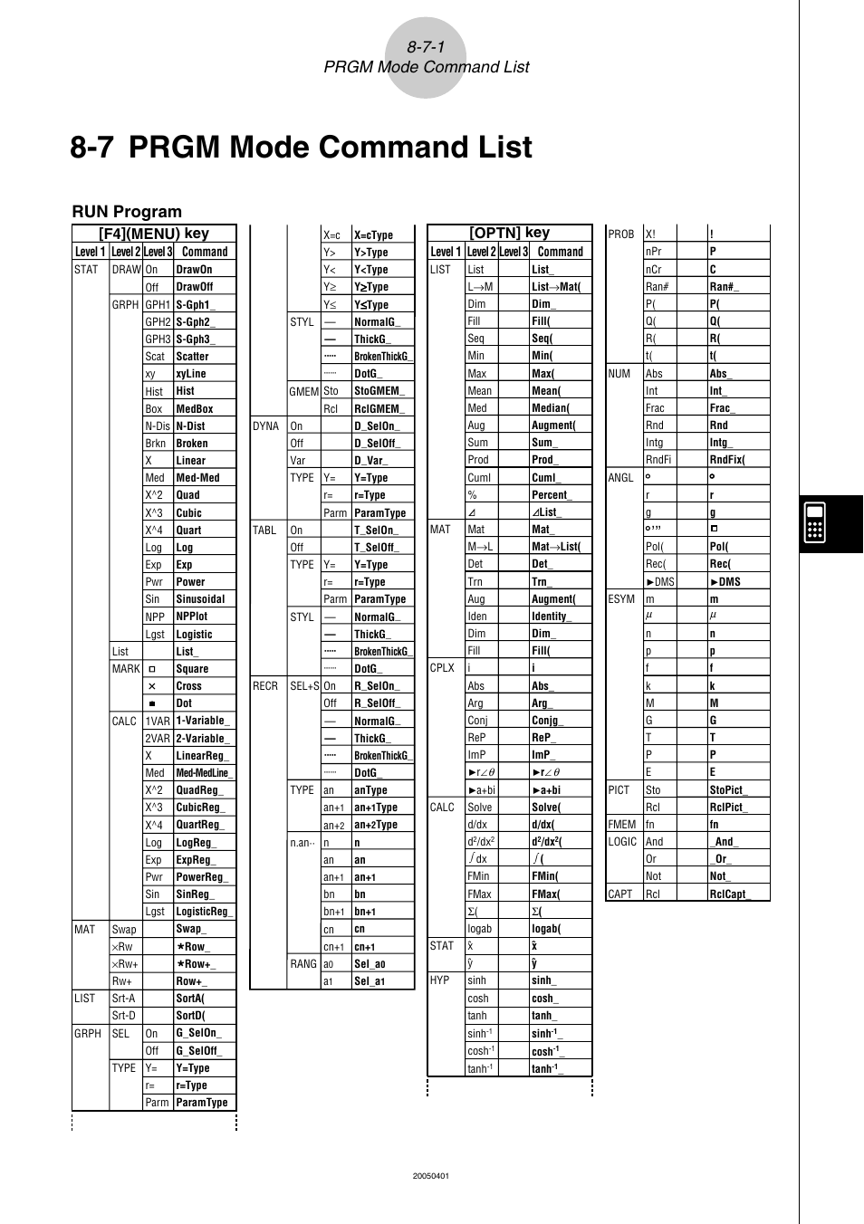 7 prgm mode command list, Prgm mode command list -7-1, Prgm mode command list | 7-1 prgm mode command list, Run program, F4](menu) key, Optn] key | Casio fx-9860G SD User Manual | Page 431 / 596