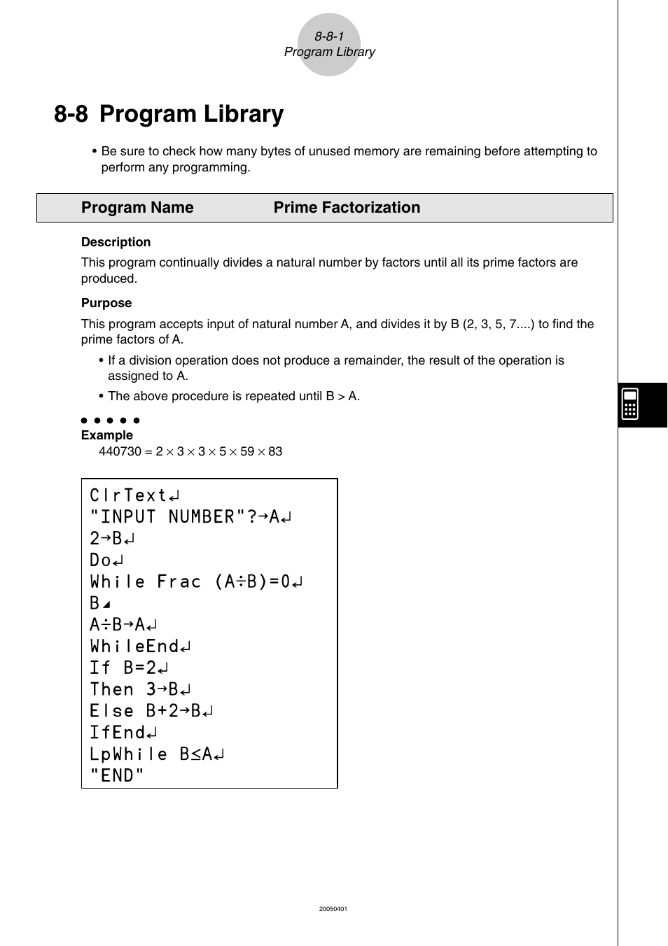 8 program library, Program library -8-1, Program library | Program name prime factorization | Casio fx-9860G SD User Manual | Page 434 / 596