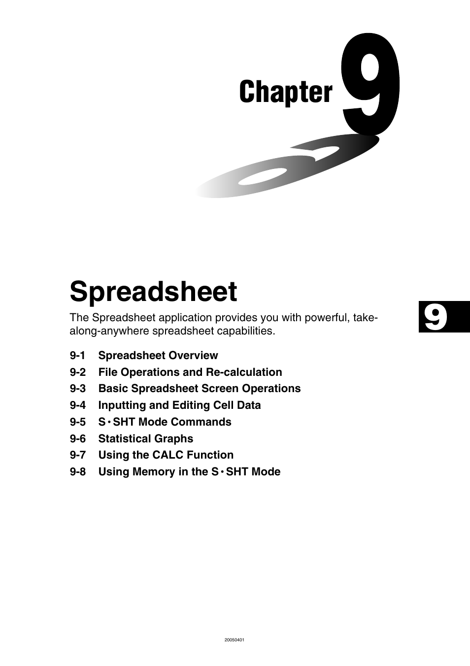 Chapter 9 spreadsheet, Chapter 9, Spreadsheet | Chapter | Casio fx-9860G SD User Manual | Page 444 / 596