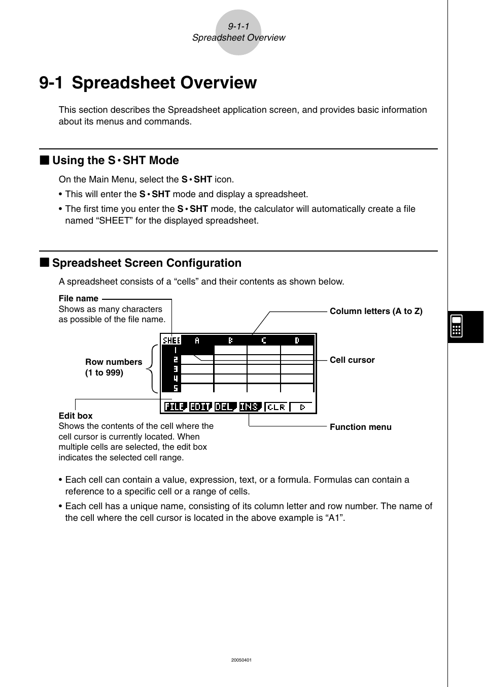 1 spreadsheet overview, Spreadsheet overview -1-1, Spreadsheet overview | Casio fx-9860G SD User Manual | Page 445 / 596