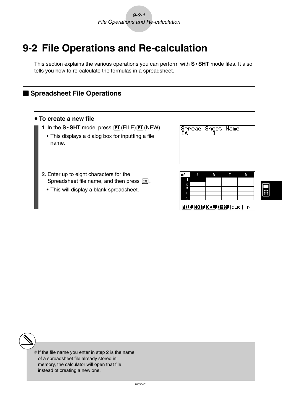 2 file operations and re-calculation, File operations and re-calculation -2-1, File operations and re-calculation | Kk spreadsheet file operations | Casio fx-9860G SD User Manual | Page 449 / 596