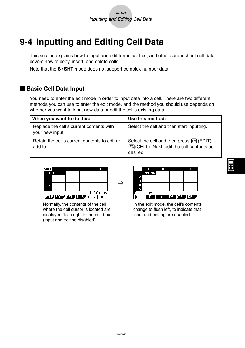 4 inputting and editing cell data, Inputting and editing cell data -4-1, Inputting and editing cell data | Casio fx-9860G SD User Manual | Page 456 / 596