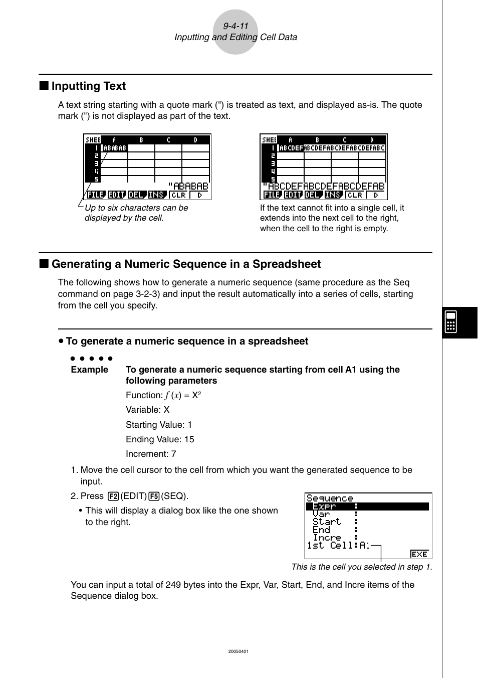 Kk inputting text, Kk generating a numeric sequence in a spreadsheet | Casio fx-9860G SD User Manual | Page 466 / 596