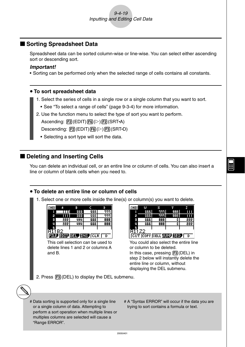 Kk sorting spreadsheet data, Kk deleting and inserting cells | Casio fx-9860G SD User Manual | Page 474 / 596