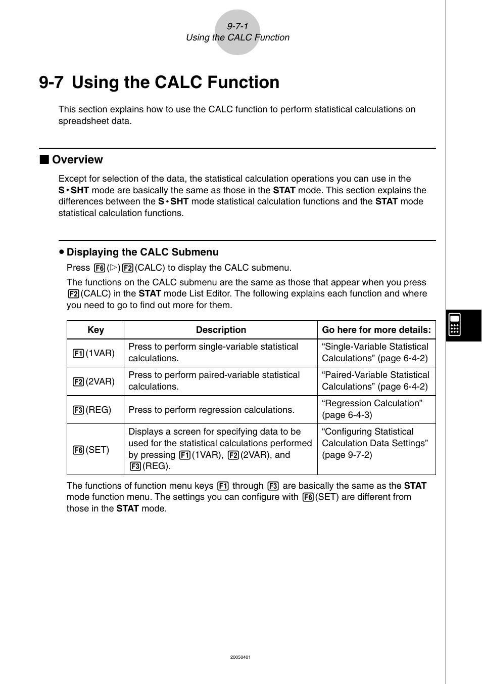 7 using the calc function, Using the calc function -7-1, Using the calc function | Kk overview | Casio fx-9860G SD User Manual | Page 487 / 596