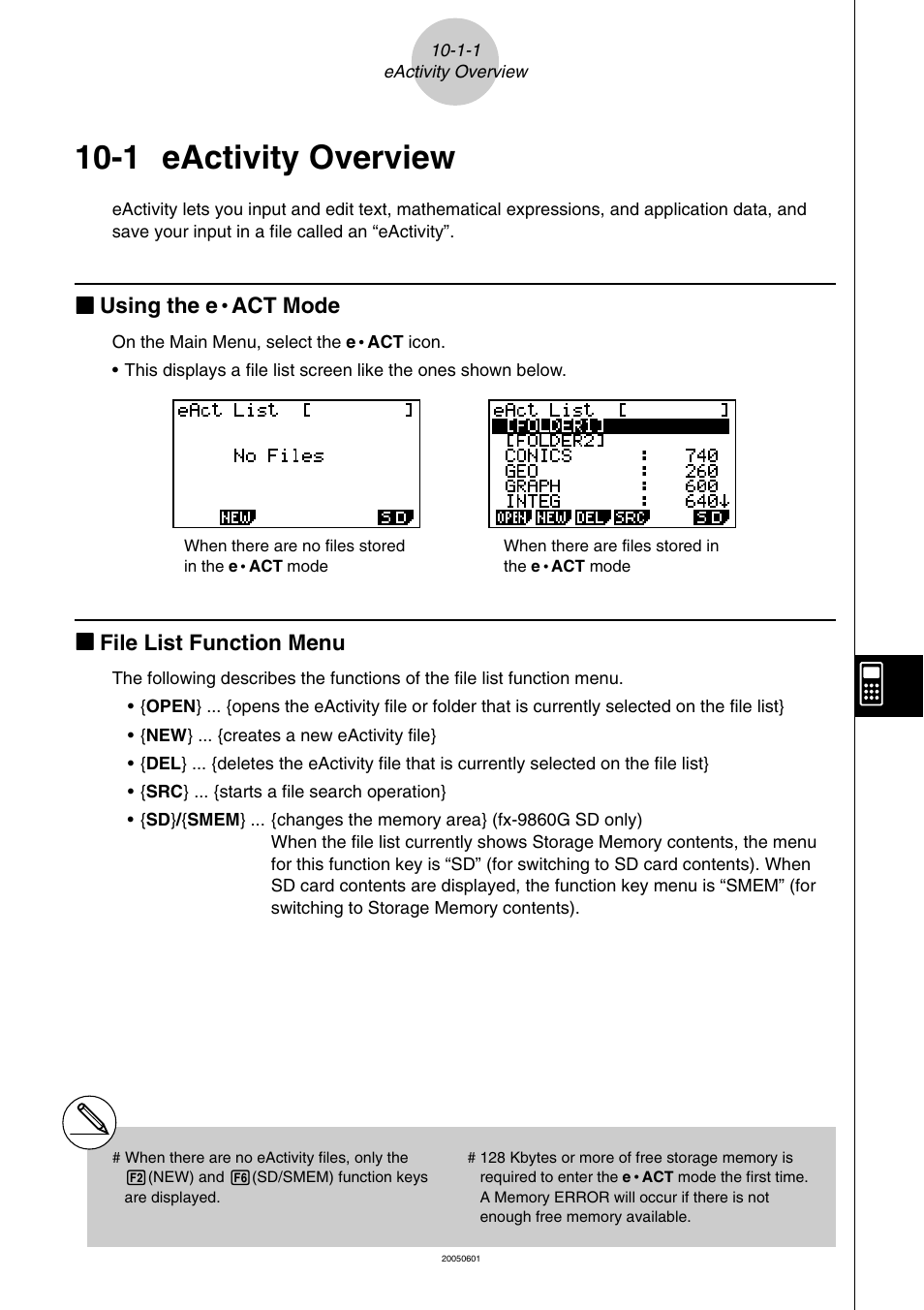 1 eactivity overview, Eactivity overview -1-1, Kk using the e | Act mode, Kk file list function menu | Casio fx-9860G SD User Manual | Page 497 / 596