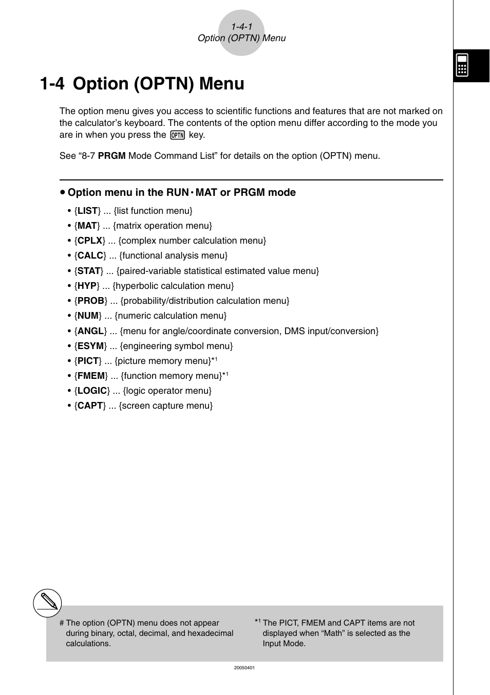 4 option (optn) menu, Option (optn) menu -4-1, Option (optn) menu | Casio fx-9860G SD User Manual | Page 51 / 596