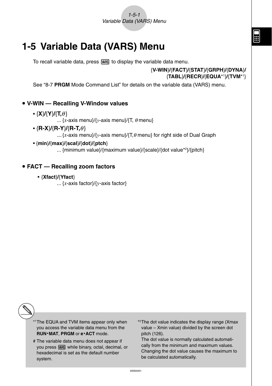 5 variable data (vars) menu, Variable data (vars) menu -5-1, Variable data (vars) menu | Casio fx-9860G SD User Manual | Page 53 / 596