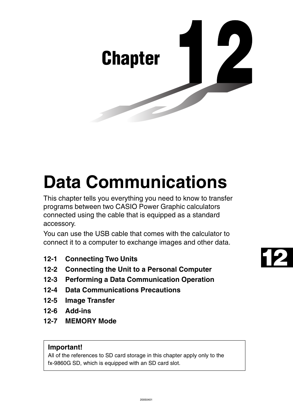 Chapter 12 data communications, Chapter 12, Data communications | Chapter | Casio fx-9860G SD User Manual | Page 539 / 596