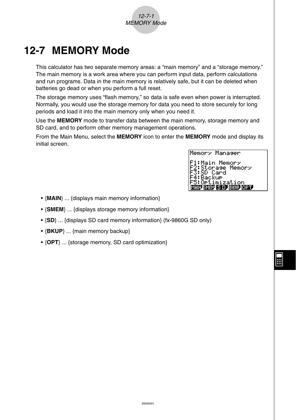 7 memory mode, Memory mode -7-1, Memory mode | Casio fx-9860G SD User Manual | Page 554 / 596