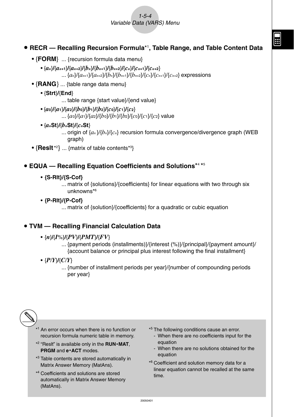 Recr — recalling recursion formula, Table range, and table content data • { form, Rang | Reslt, U tvm — recalling financial calculation data | Casio fx-9860G SD User Manual | Page 56 / 596