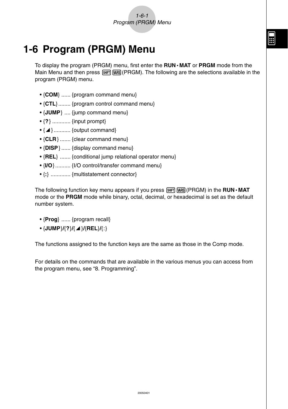 6 program (prgm) menu, Program (prgm) menu -6-1, Program (prgm) menu | Casio fx-9860G SD User Manual | Page 57 / 596