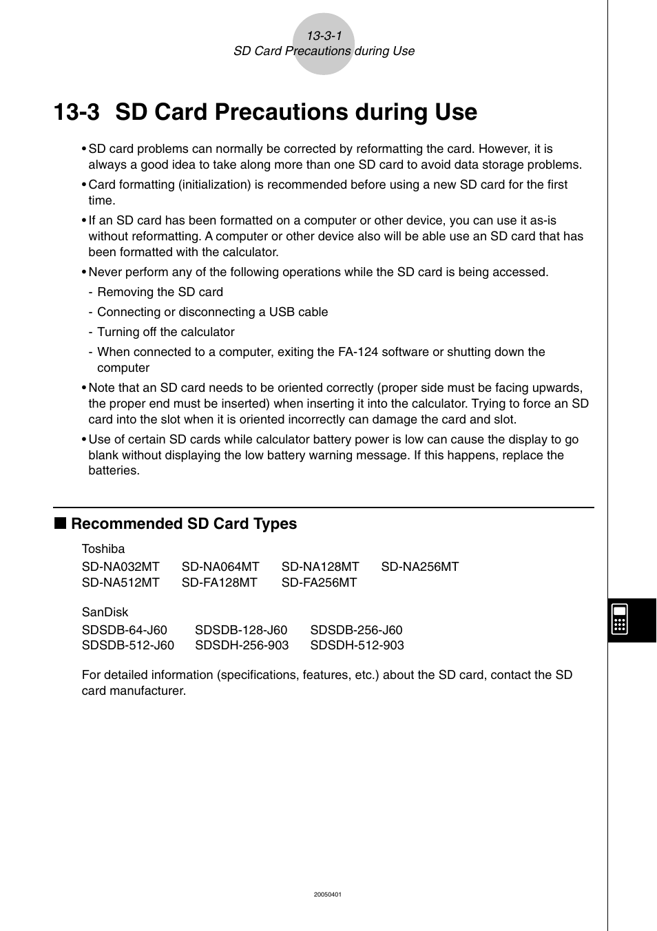 3 sd card precautions during use, Sd card precautions during use -3-1, K recommended sd card types | Casio fx-9860G SD User Manual | Page 575 / 596