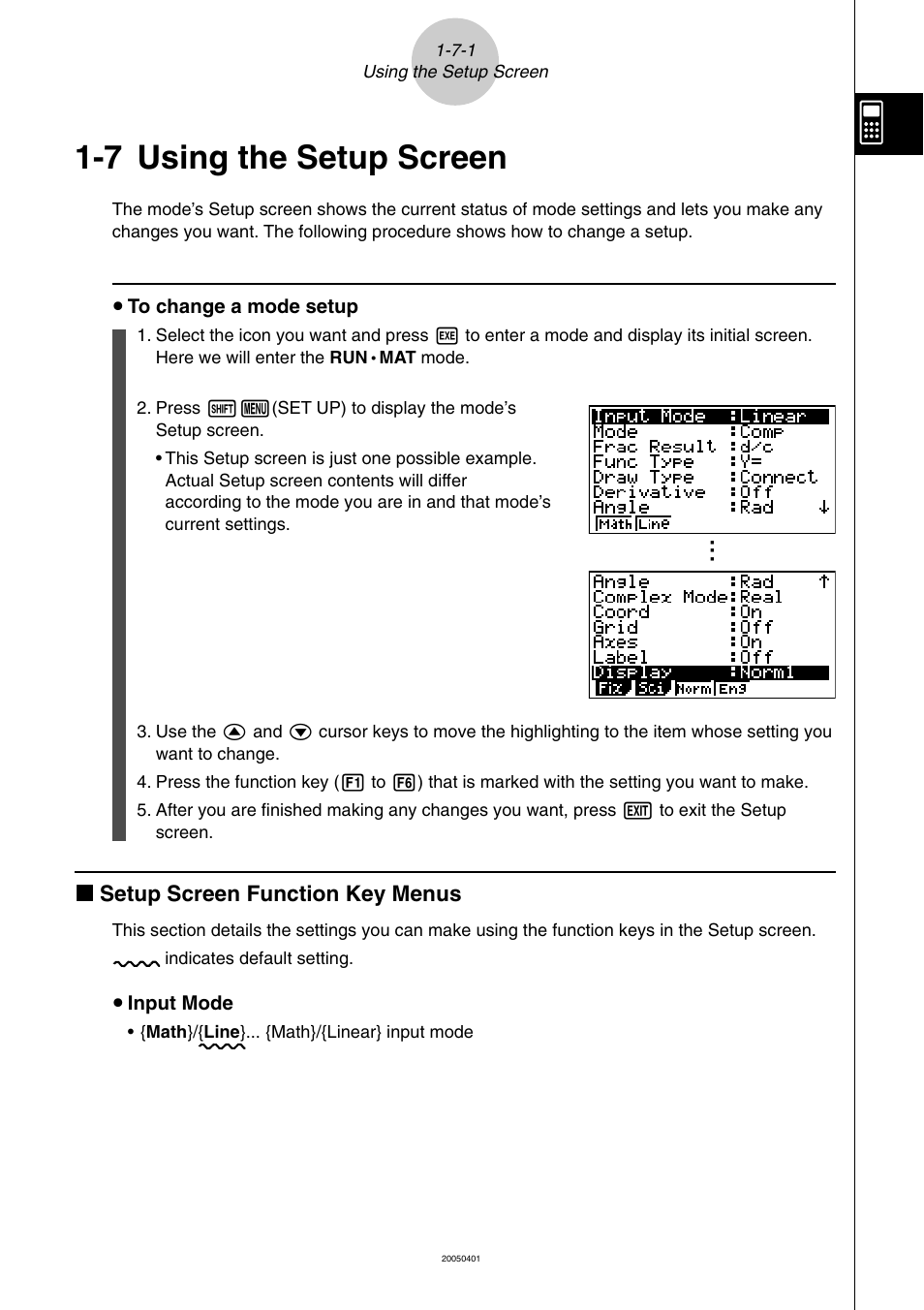 7 using the setup screen, Using the setup screen -7-1, Using the setup screen | K setup screen function key menus | Casio fx-9860G SD User Manual | Page 58 / 596